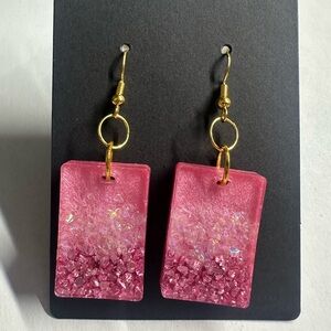 Handmade Pink Glitter Resin Rectangle Drop Earrings